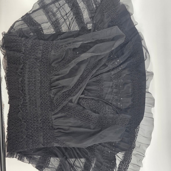 Black Tulle Lace Sequin Tiered Ruffled V Neck Midi Dress Med whimsy goth fairy - Picture 6 of 10